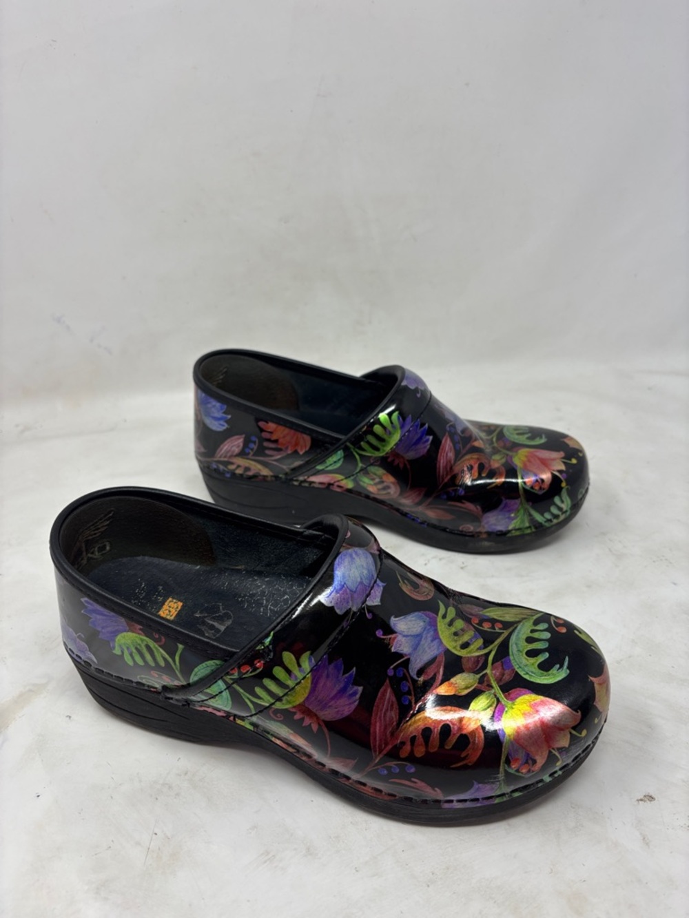 Dansko Black Floral Patent Clogs with Multicolor Blooms - Picture 3 of 8